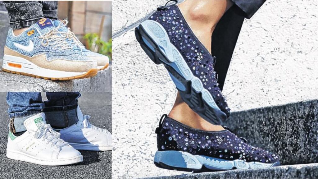 Top left, Nike x Liberty collaboration; bottom left, Adidas Stan Smith trainers; right, Dior’s Fusion trainers