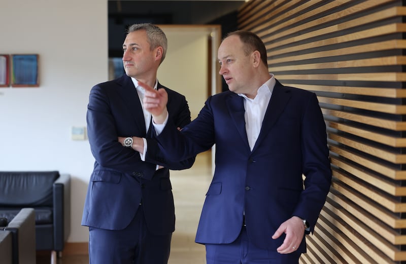 Glenveagh Properties chief executive Stephen Garvey (right) and Michael Rice, chief financial officer. Photograph: Dara Mac Dónaill