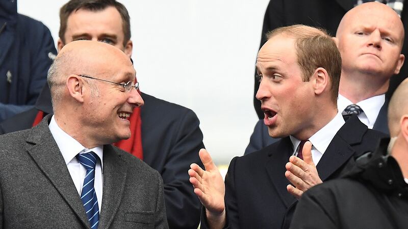 Britain’s Prince William speaks with Bernard Laporte prior to this year’s Six Nations game between France and Wales at the Stade de France. Photograph: Franck Fife/AFP/Getty Images