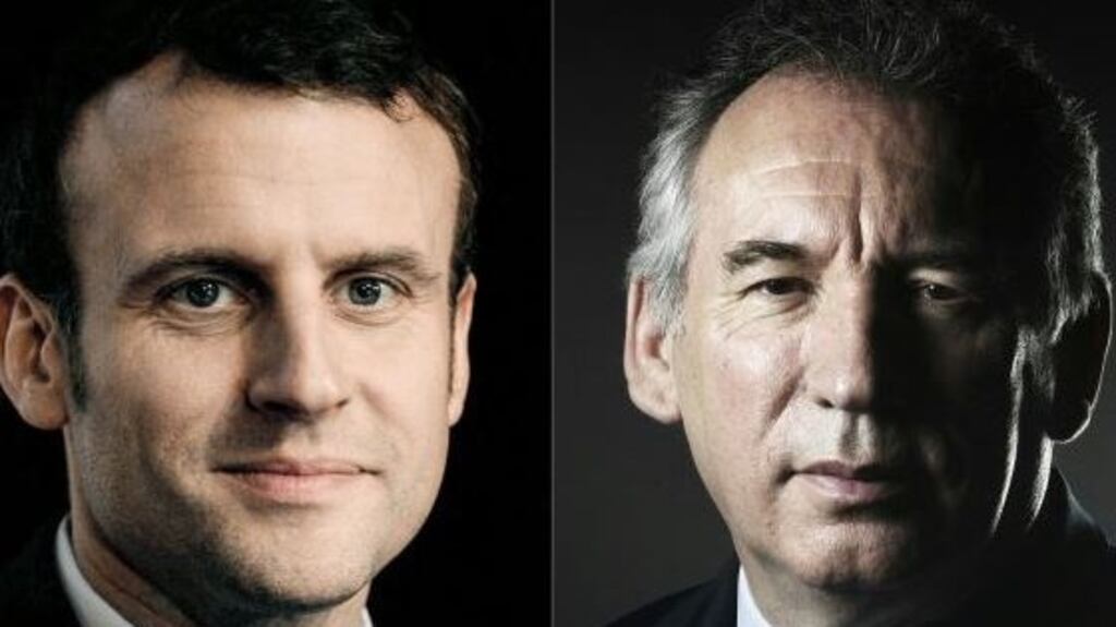 French presidential election candidate Emmanuel Macron (left) and heavyweight centrist François Bayrou, who has offered to support Mr Macron. Photograph: Joel Saget/AFP/Getty Images