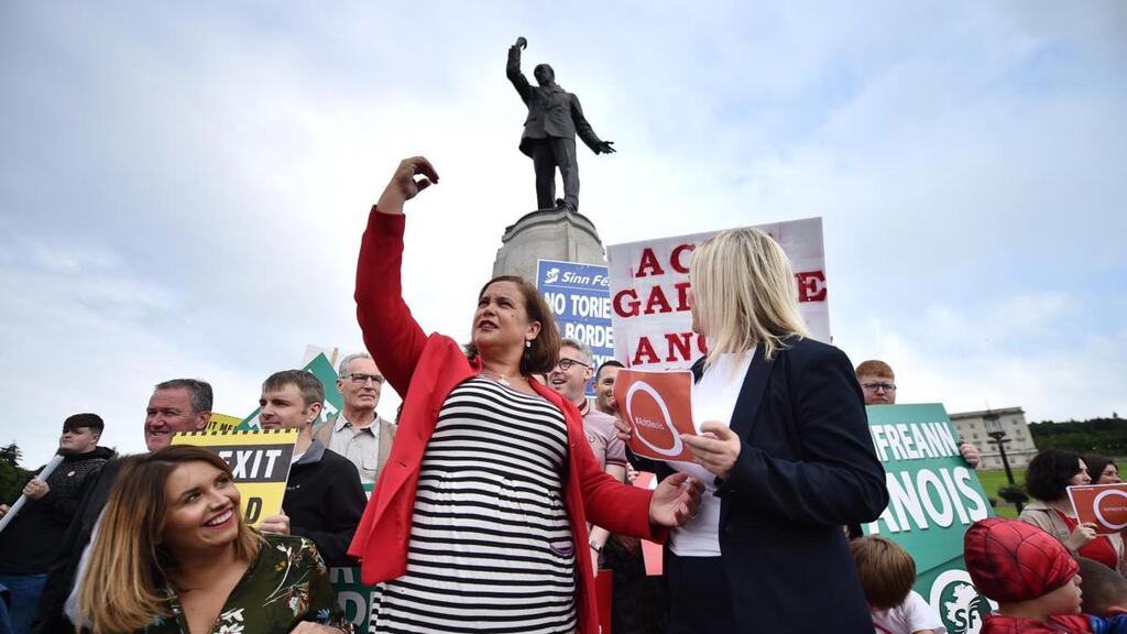 Sinn Féin leader Mary Lou McDonald and vice president Michelle O’Neill at a Brexit protest in Belfast last week. Beneath their opposition to Brexit lies the belief that the worse Brexit is, the quicker we will have a Border poll. Photograph: Charles McQuillan/Getty Images