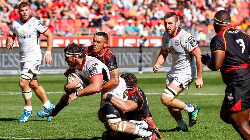 Ulster’s Marcell Coetzee scores against the Isuzu Southern Kings at Nelson Mandela Bay Stadium in Port Elizabeth, South Africa. Photograph: Michael Sheehan/Gallo Images/Getty Images