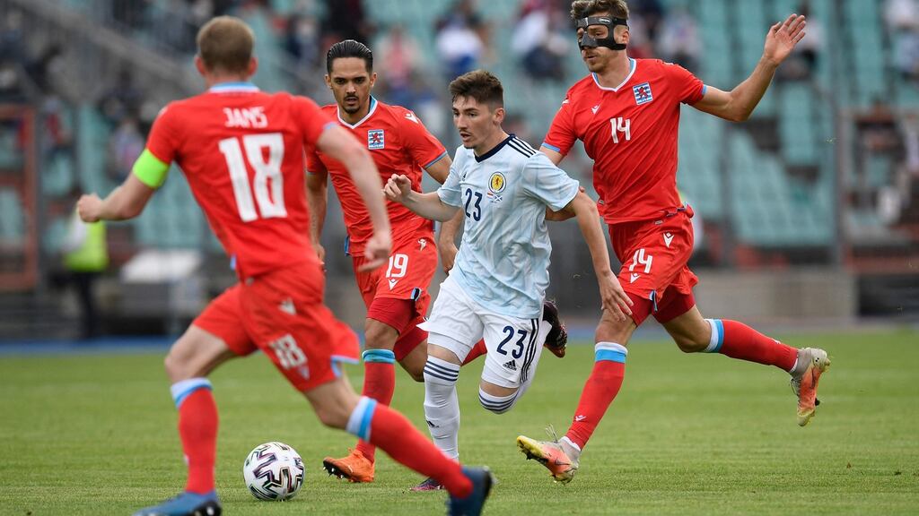 Scotland midfielder Billy Gilmour fights for the ball with Luxembourg forward Maurice Deville during their friendly at the Josy Barthel Stadium in Luxembourg on June 6th. Photograph: John Thys/AFP via Getty Images