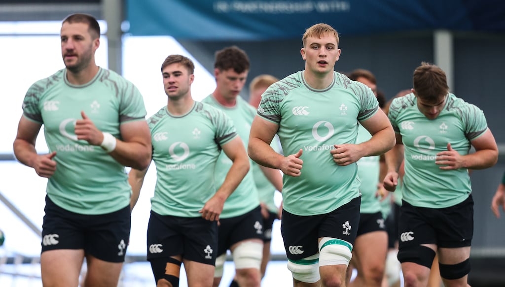 Gavin Coombes (second from right) trains with other members of the Ireland squad in advance of their Tests against Georgia and Portugal. Photograph: Ben Brady/Inpho