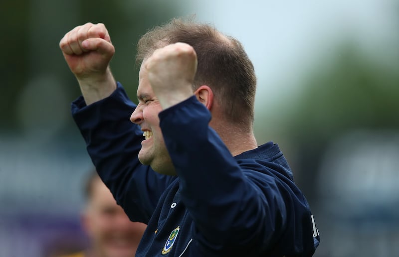 Roscommon manager Davy Burke celebrates at the full-time whistle. Photograph: Leah Scholes/Inpho