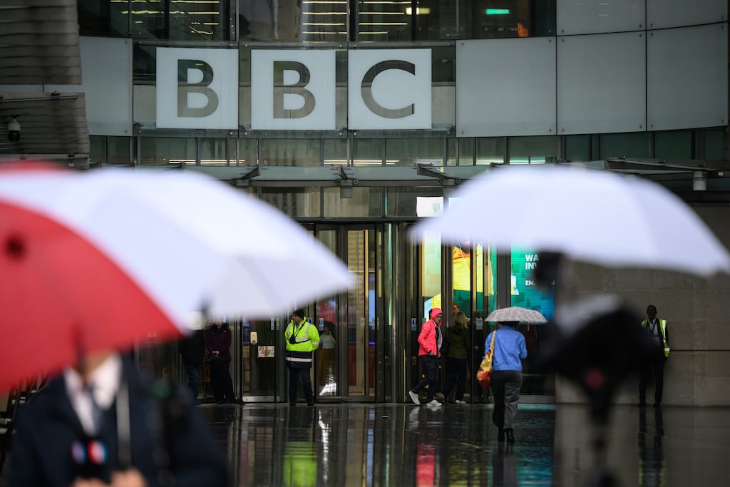 Members of the media gather outside Broadcasting House on November 10th, 2025 in London, United Kingdom. Photograph: Leon Neal/Getty Images