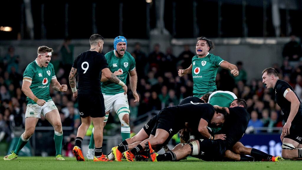 Ireland’s James Lowe celebrates a penalty in the final seconds of the game against New Zealand at the Aviva Stadium. Photograph: Gary Carr/Inpho