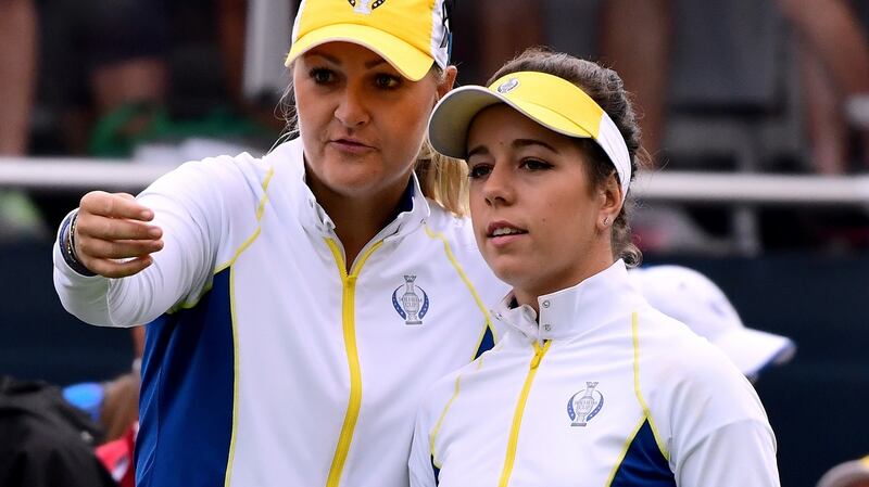 Georgia Hall talks to Anna Nordqvist during the 2017 Solheim Cup. Photograph: Harry How/Getty Images