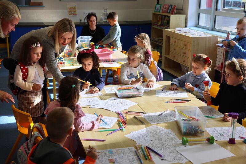 First day at school in junior infants at Broombridge ETNS in Cabra, Dublin. Photograph: Dara Mac Dónaill