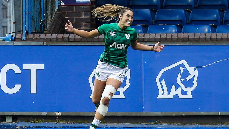 Ireland’s Eimear Considine celebrates after scoring a try during the Women’s Six Nations Championship match against Wales at Cardiff Arms Park. Photograph: Robbie Stephenson/Inpho