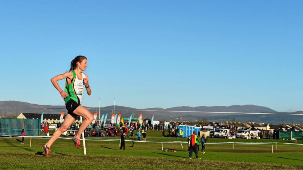 Fionnuala Britton, Kilcoole AC, Co. Wicklow, on her way to winning the Senior Women’s 8000m race at the GloHealth Inter County Cross Country Championships at Dundalk Institute of Technology, Co. Louth. Photograph: Ramsey Cardy / Sportsfile