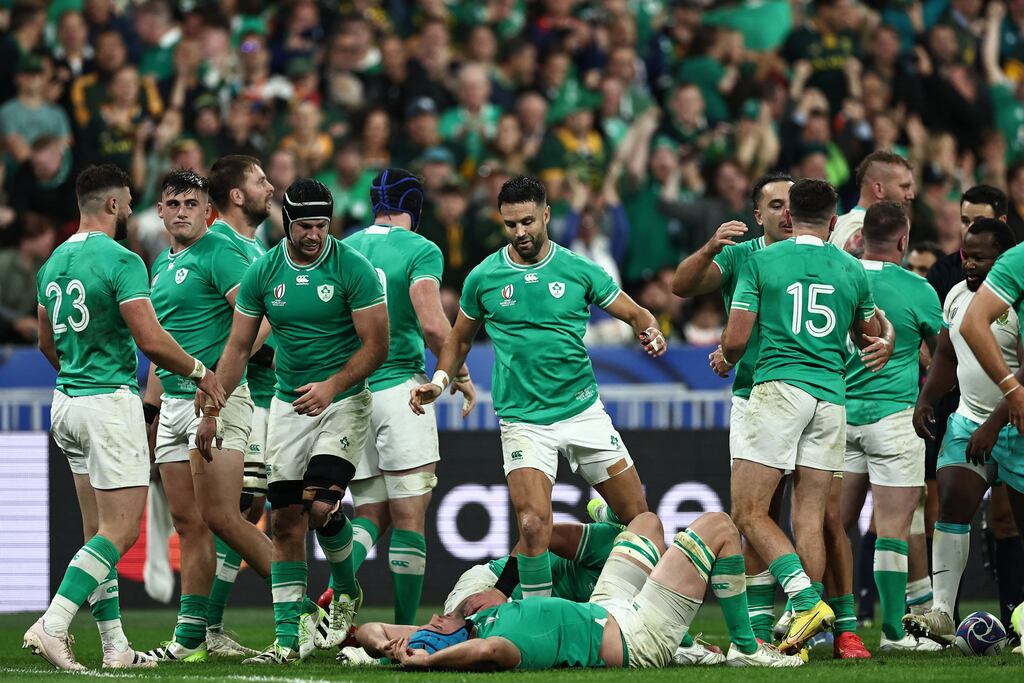 Tadhg Beirne, who epitomised some of the core elements that enabled Ireland to beat South Africa, lies on the pitch after a winning a maul. Photograph: Franck Fife/AFP via Getty Images