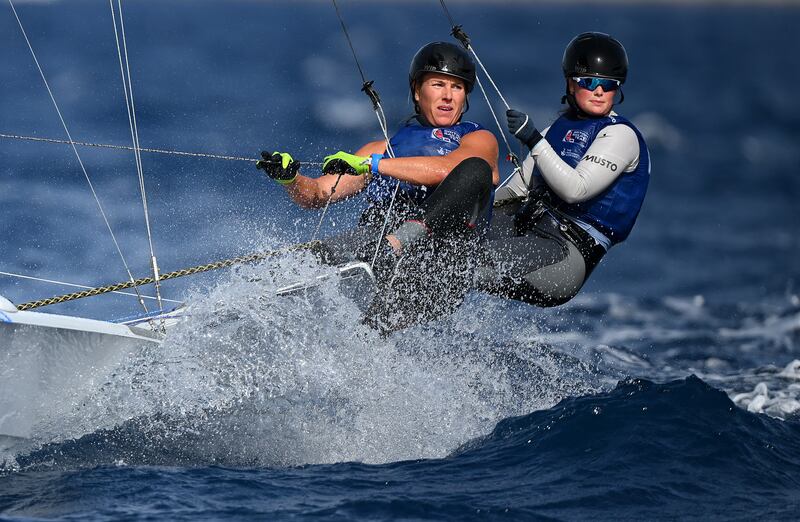 Freya Black and Saskia Tidey (left) of Great Britain in action during a Womens 49erFX Skiff race during the Paris 2024 Olympic Sailing test event at Marseille Marina in July 2023 in Marseille, France. Photograph: Clive Mason/Getty