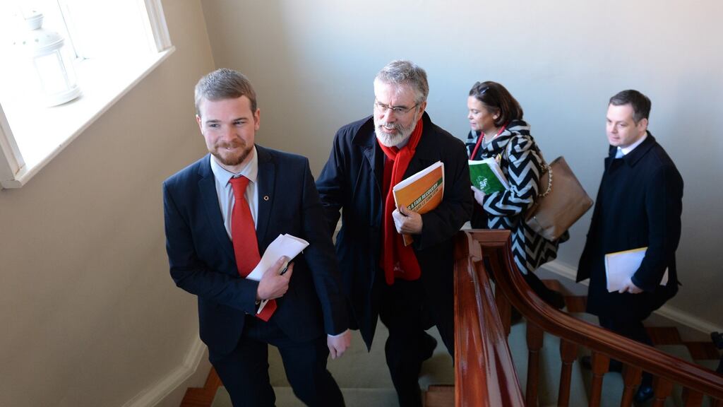 Sinn Féin leader Gerry Adams with (from left)  Donnchadh Ó Laoghaire,  Mary Lou McDonald TD and Pearse Doherty TD, arriving at the party’s final press conference before the election. Photograph: Eric Luke