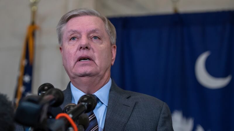 Republican senator Lindsey Graham speaks at a press conference outside his office at the Capitol in Washington. ‘My goal is to have a short a trial as possible,’ he said. Photograph: Erik S Lesser/EPA