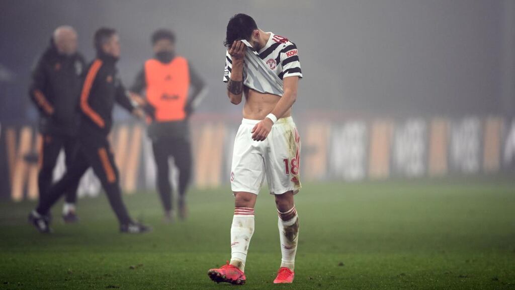 Bruno Fernandes looks dejected after Manchester United’s goalless draw with Crystal Palace. Photograph: Mike Hewitt/PA