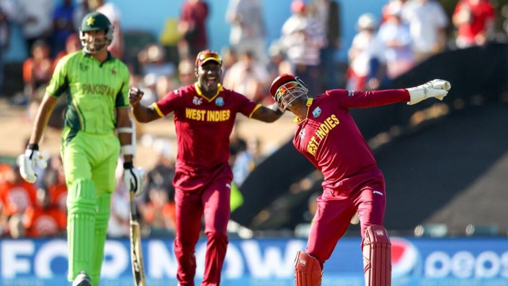 Denesh Ramdin celebrates after taking a catch in the West Indies comprehensive 151 run victory over Pakistan in Christchurch. (Photo by Martin Hunter/Getty Images)