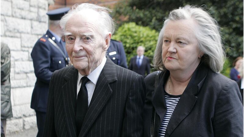 Former taoiseach Liam Cosgrave and his daughter Mary at the State funeral of Dr Garret FitzGerald at the Sacred Heart Church, Donnybrook, Dublin in 2011. Photograph: Dara Mac Dónaill