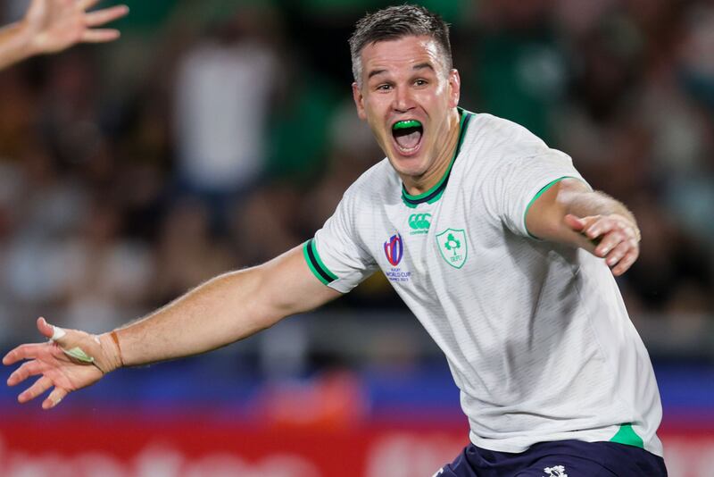 Ireland’s Jonathan Sexton celebrates his try, which saw him break Ronan O'Gara's Irish scoring record. Photograph: Laszlo Geczo/Inpho