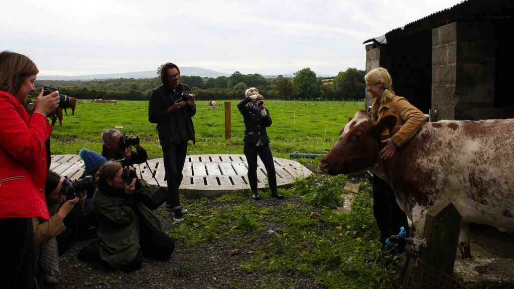 Mimi Pierson and one of the Crawford’s Farm herd of cows, near Cloughjordan, Co Tipperary, at a Lens & Larder photography workshop. Photograph: Aoife McElwain