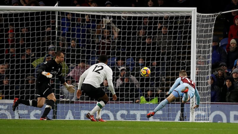Burnley’s Johann Berg Gudmundsson equalises aganist Liverpool. Photograph: Phil Noble/Reuters