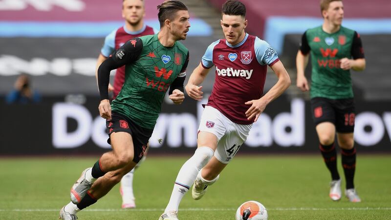 Jack Grealish and Declan Rice in action at the London Stadium on Sunday. Photograph: Getty Images