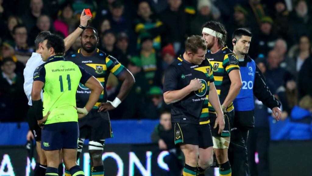 Referee Jérôme Garcès shows a red card to England captain Dylan Hartley. Photograph: James Crombie/Inpho