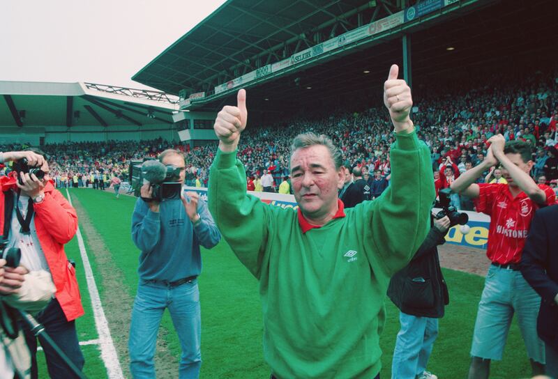 Nottingham Forest manager Brian Clough salutes the fans after his last game in charge of the club before retiring on May 1st, 1993. Photograph: David Cannon/Allsport UK/Getty Images