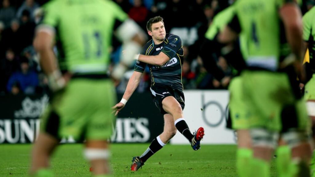Ospreys’ Dan Biggar is set to win the Rhino Golden Boot for most points in the Pro 12. His 93.3 per cent record from the tee is the best seasonal record ever for a regular kicker in a major league. Photograph: James Crombie/Inpho
