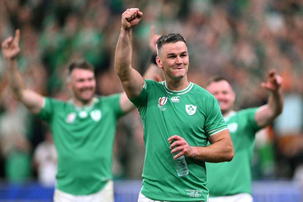 Johnny Sexton of Ireland celebrates victory after defeating South Africa during their Rugby World Cup pool game at Stade de France in Paris. Photograph: Laurence Griffiths/Getty Images