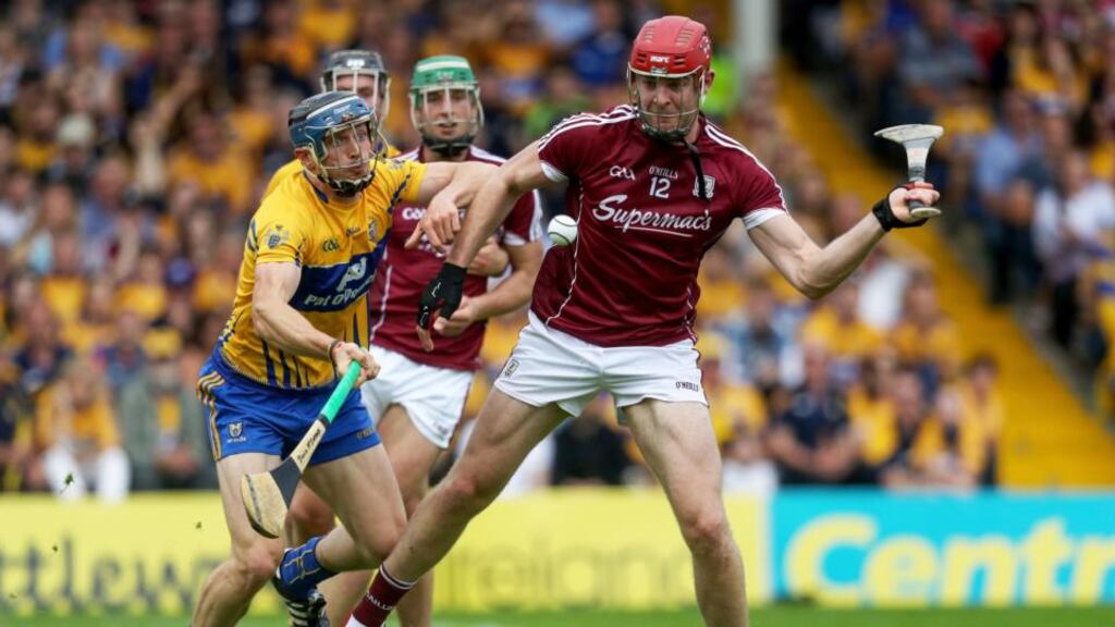 Galway’s Jonathan Glynn scores a goal against Clare during the All-Ireland semi-final replay in Semple Stadium, Thurles. Photograph: Tommy Dickson/Inpho
