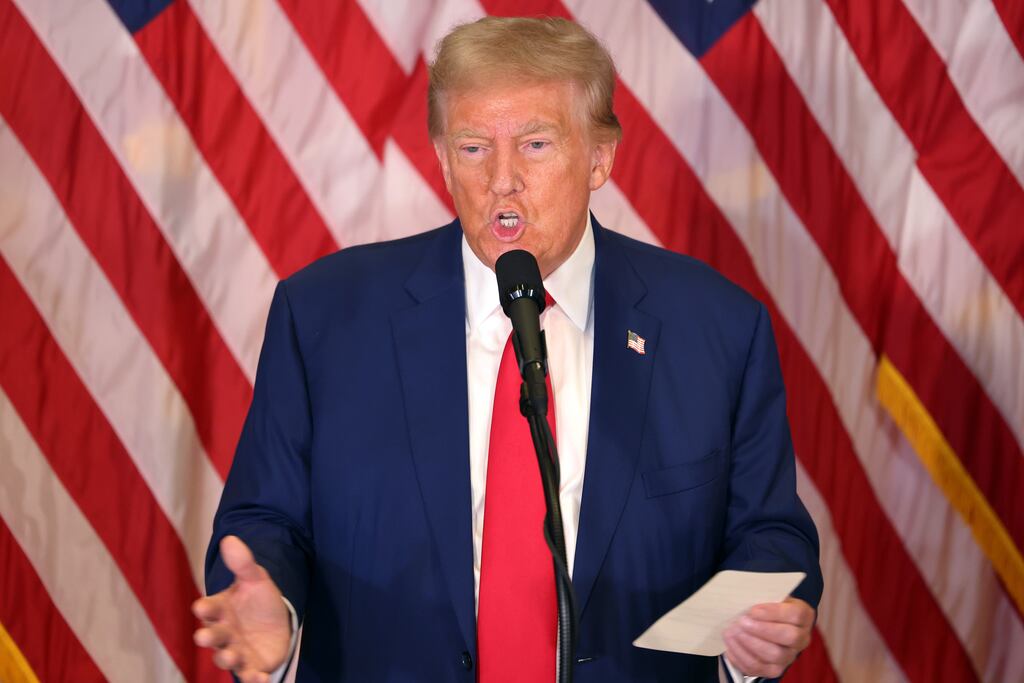 Republican presidential election nominee and former US president Donald Trump speaks during a press conference at Trump Tower on Friday in New York City. Photograph: Michael M Santiago/Getty