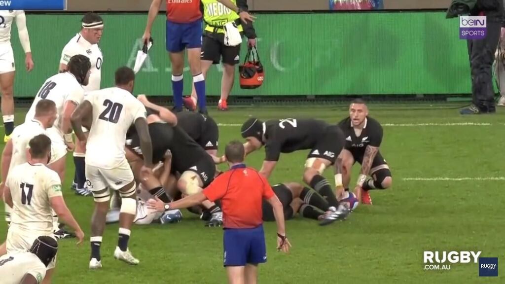 A television official saw the boot of Courtney Lawes cross the invisible offside line a millisecond before TJ Perenara motioned to kick in the All Blacks' narrow victory over England