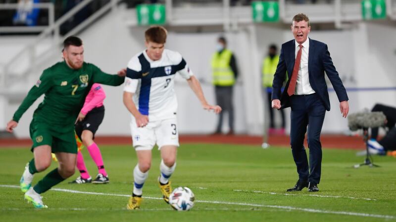Ireland manager Stephen Kenny gives instructions as Aaron Connolly challenges Finland’s Albin Granlund during the Uefa Nations League match at the Olympic Stadium in Helsinki. Photograph: Kalle Parkkinen/Inpho