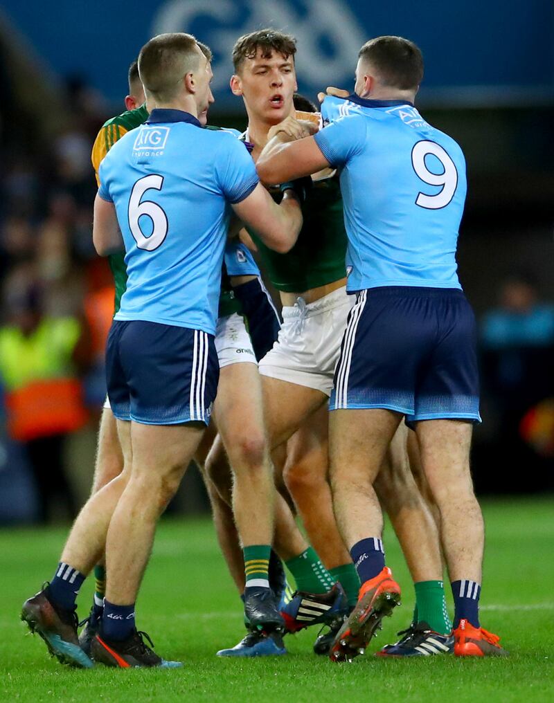 Kerry captain David Clifford at close quarters with Dublin players during the league match earlier this year. File photograph: James Crombie/Inpho
