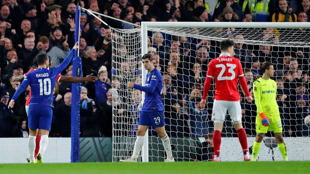 Chelsea’s Alvaro Morata celebrates scoring their second goal in the FA Cup win over Nottingham Forest. Photo: Eddie Keogh/Reuters