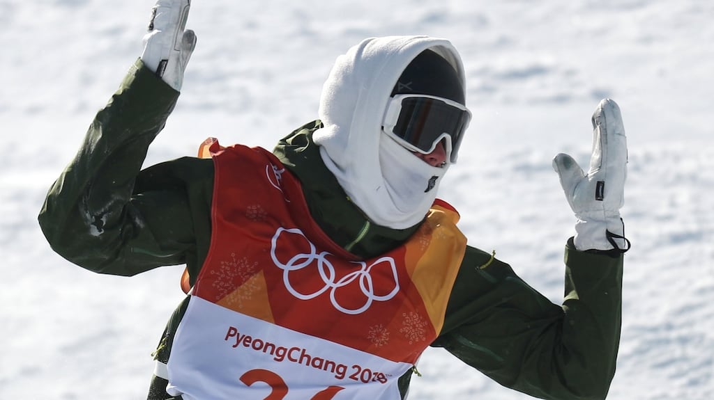 Seamus O’Connor of Ireland reacts during the men’s snowboard halfpipe qualification run at Bokwang Phoenix Park. Photograph: PA
