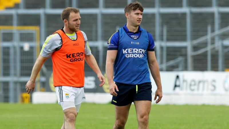 James O’Donoghue (right) and Darran O’Sullivan during a Kerry training session at Fitzgerald Stadium in Killarney. Photograph: Lorraine O’Sullivan/Inpho