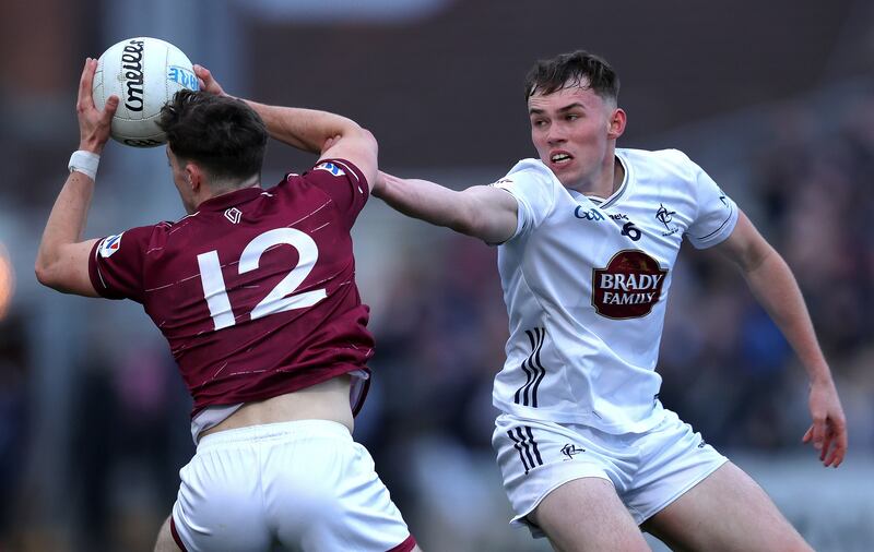 Kildare's Brian McLoughlin tackling Matthew Whittaker of Westmeath in their Leinster senior  championship quarter-final in Newbridge on April 12th, 2025. Photograph: Leah Scholes/InphoP