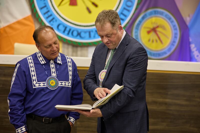 Minister Thomas Byrne and Gary Batton, chief of the Choctaw nation, attending the unveiling of the Eternal Heart statue. Photograph: DFA
