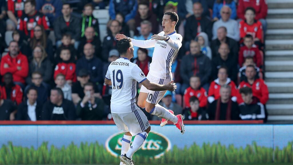 Chelsea’s Eden Hazard celebrates scoring his side’s second goal at the Vitality Stadium. Photograph: PA