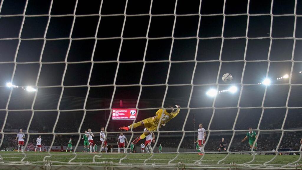 Aiden McGeady scores the winning goal in Sunday’s European Championship qualifier against Georgia in Tbilisi. Photograph: Donall Farmer/Inpho
