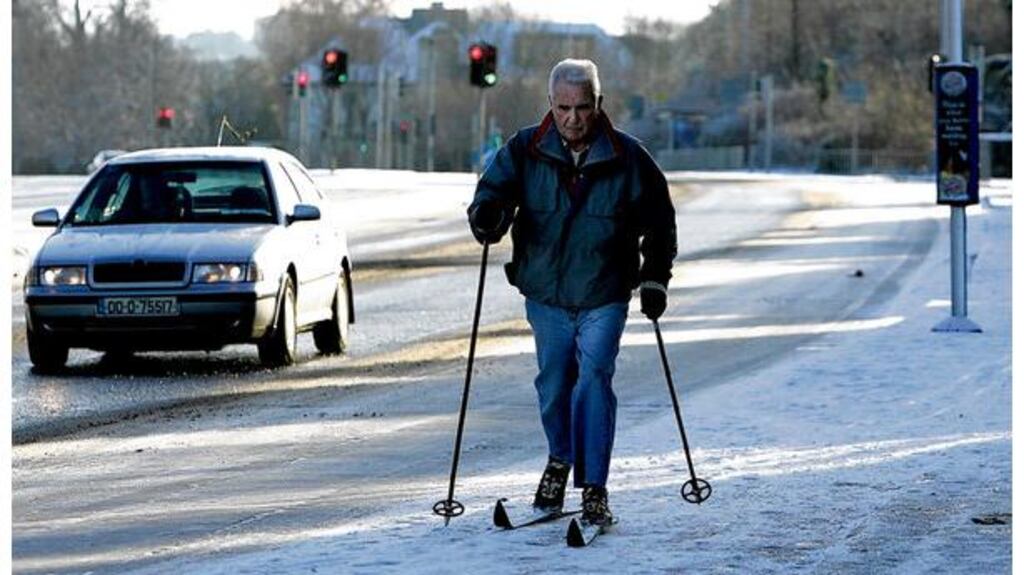 Kevin Cavey from Cabinteely in Co Dublin skiing along the Stillorgan Road yesterday.