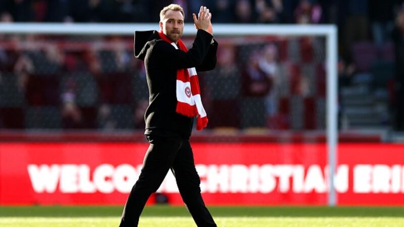 New signing Christian Eriksen of Brentford acknowledges the fans prior to the game. Photograph: Ryan Pierse/Getty Images