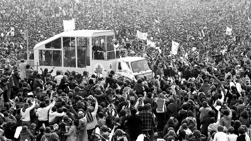 Pope John Paul II travelling in the Pope mobile in Ballybrit Co Galway during his visit to Ireland in 1979. Photograph: Dermot O’Shea