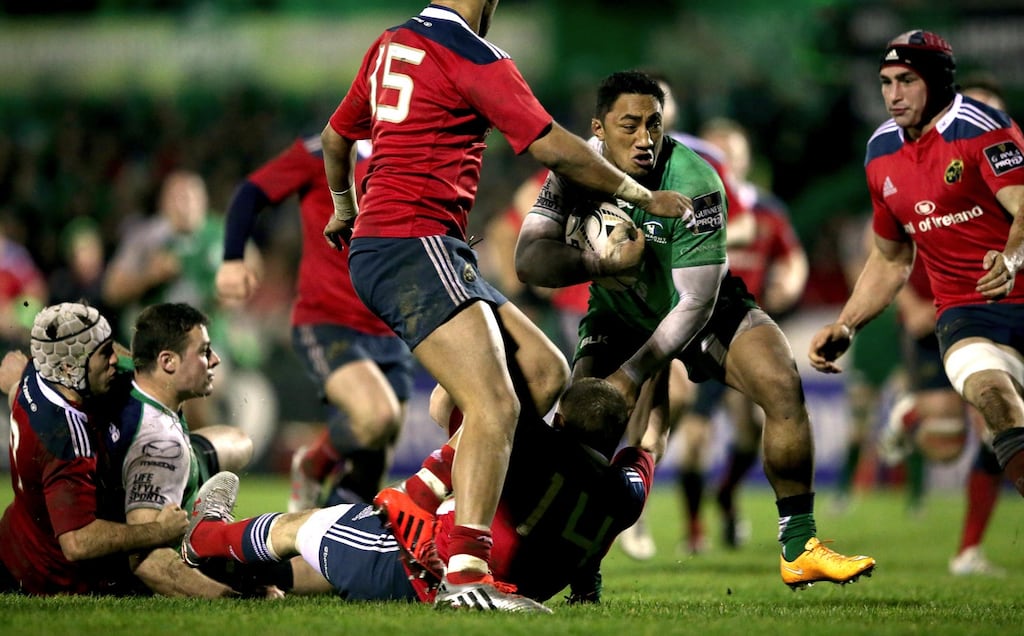 Connacht’s Bundee Aki in action against Munster. Pat Lam will be looking for another big performance from the Kiwi against Edinburgh. Photograph: James Crombie/Inpho