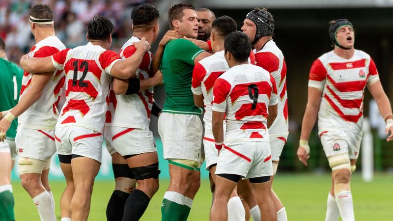 CJ Stander with Japan’s Michael Leitch and Pieter Labuschagne. Photograph: Jayne Russell/Inpho
