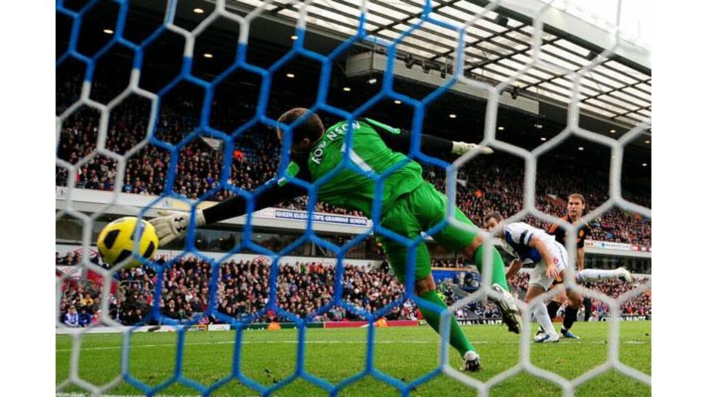 Blackburn goalkeeper Paul Robinson is unable to stop Branislav Ivanovic's winner for Chelsea during their Premier League match at Ewood Park. (Photograph: Mike Hewitt/Getty Images)