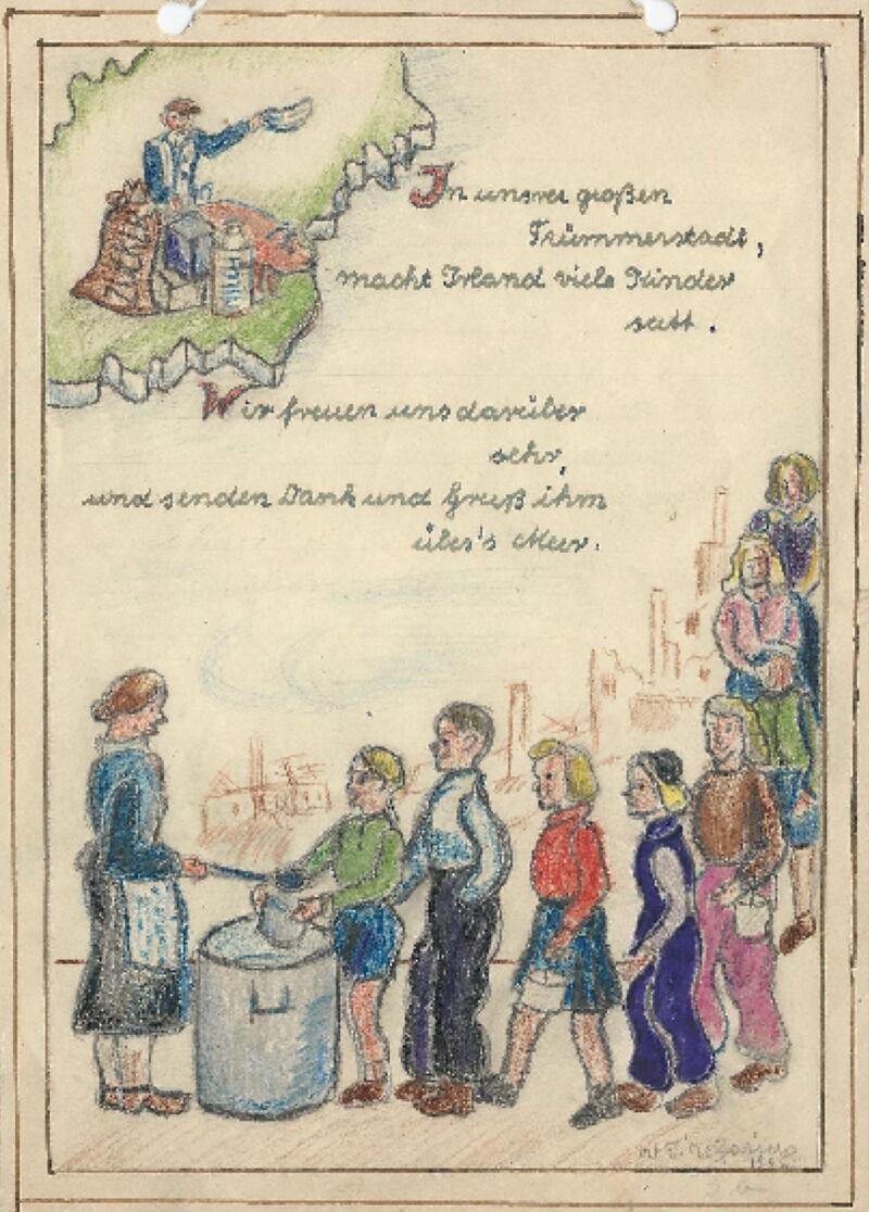 An entry in the 'thank you' album created by German children after the second World War for Irish people to thank them for aid sent to Germany after the war