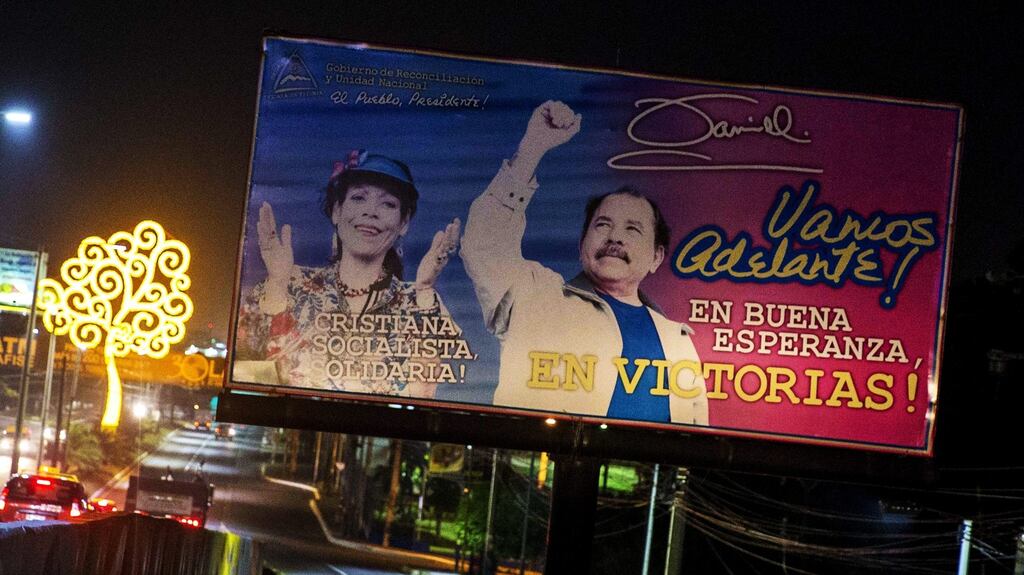 A billboard displaying a campaign poster of Nicaraguan president Daniel Ortega and his running mate and wife Rosario Murillo stands at the side of a road in Managua, Nicaragua. Photograph: Jorge Torres/EPA